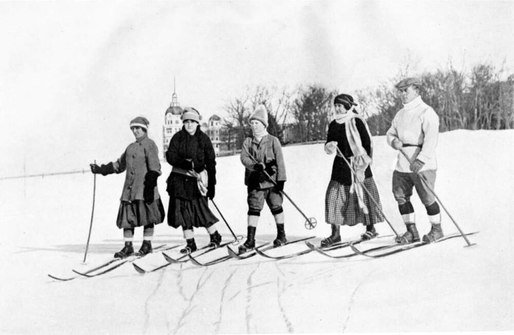 Image from the Poland Spring winter season brochure of 1920. The introduction of skiing along with other winter sports to patrons of the Poland Spring House signaled the social expansion of skiing beyond its Maine working class origins in New Sweden and the interest of middle class individuals like Chandler and Libby. (Courtesy of E. John B. Allen/New England Ski Muesum)