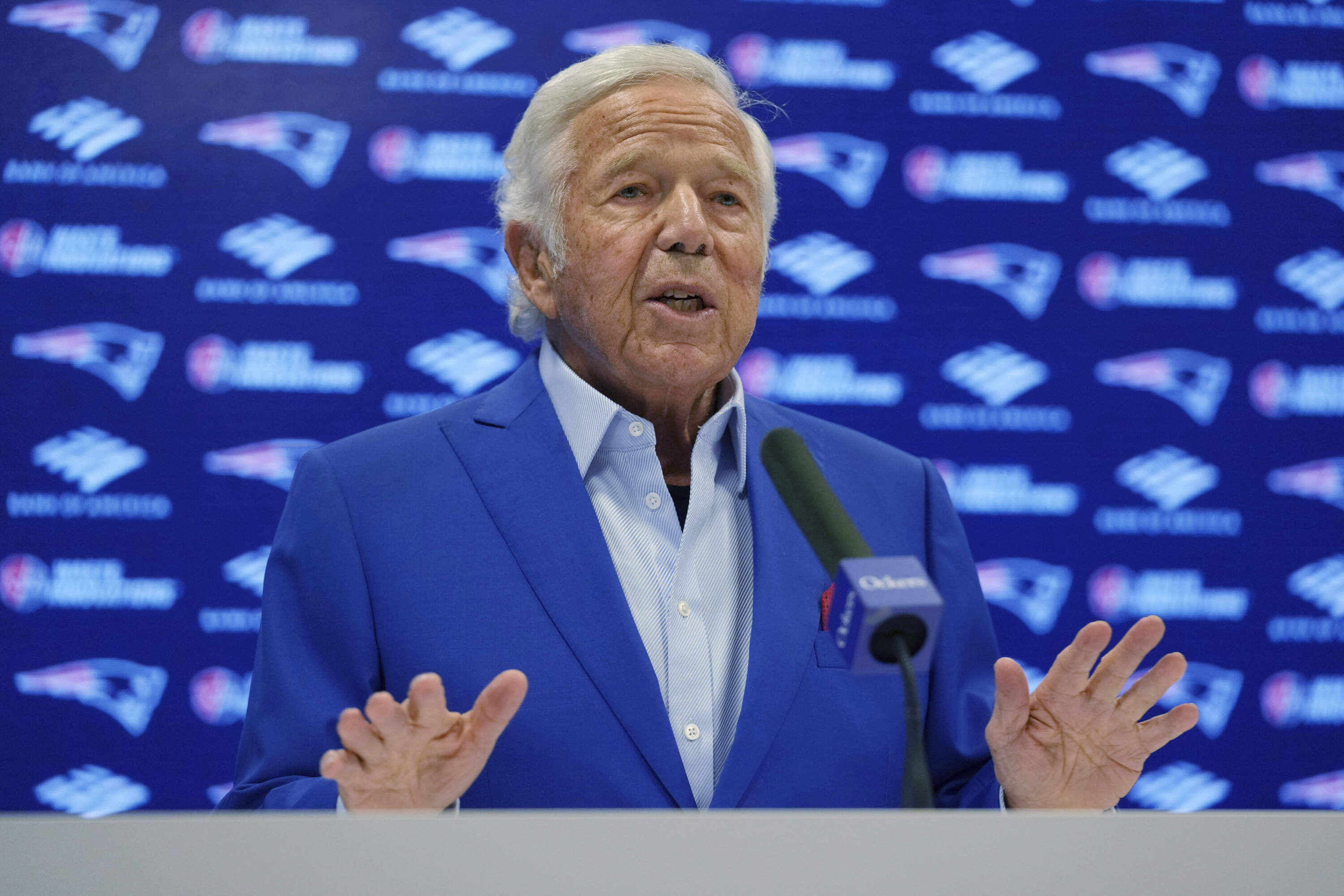 New England Patriots owner Robert Kraft answers a question during a media availability, Monday, Jan. 6, 2025, in Foxborough, Mass. (Charles Krupa/AP)