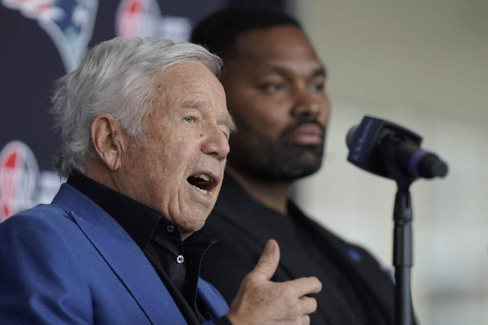 New England Patriots owner Robert Kraft, left, and Jerod Mayo, right, face reporters, Wednesday, Jan. 17, 2024, during a football news conference introducing Mayo as head coach, in Foxborough, Mass. (Steven Senne/AP)