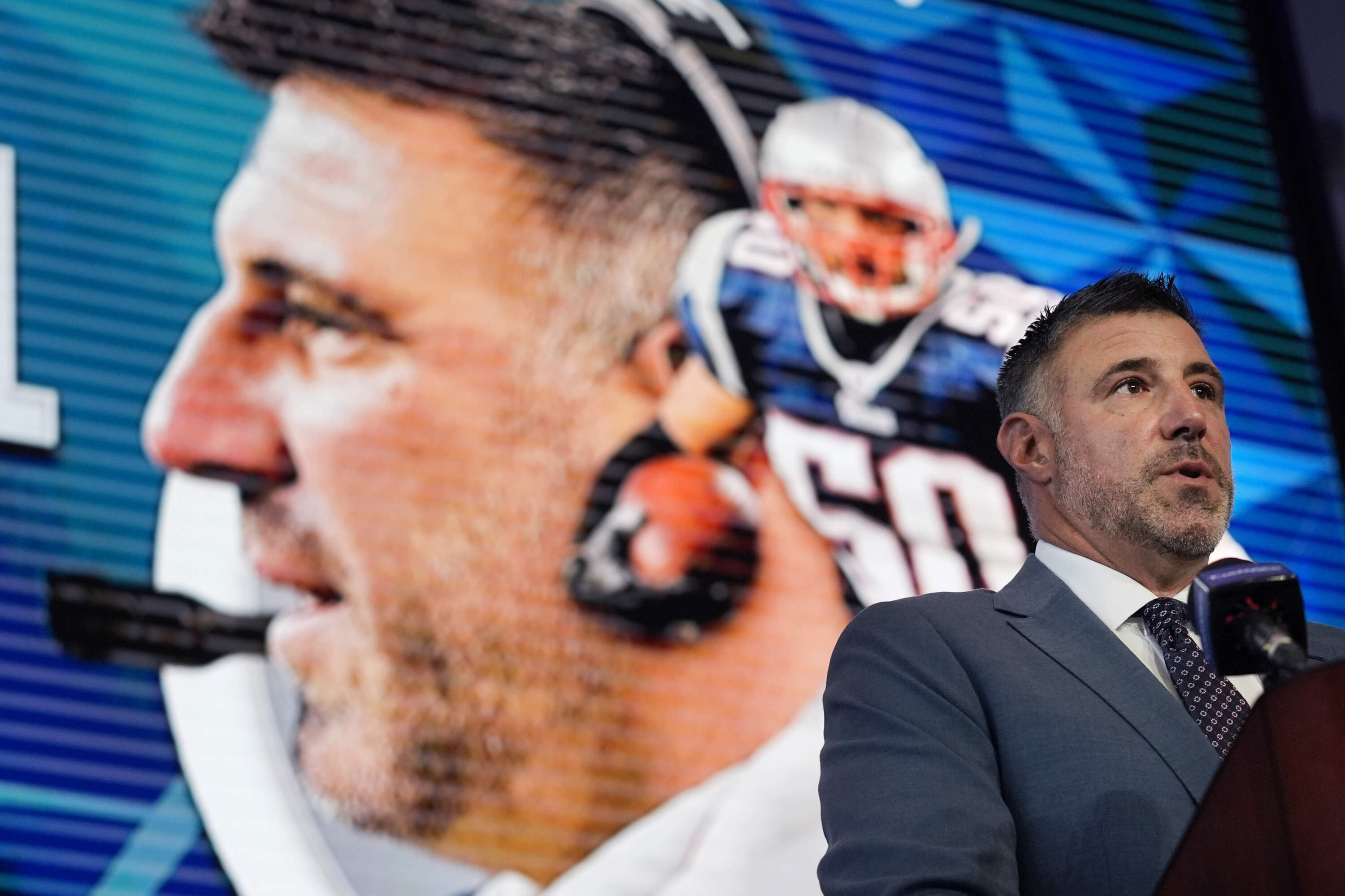 New England Patriots head coach Mike Vrabel addresses reporters in Foxborough, Mass. (Charles Krupa/AP)