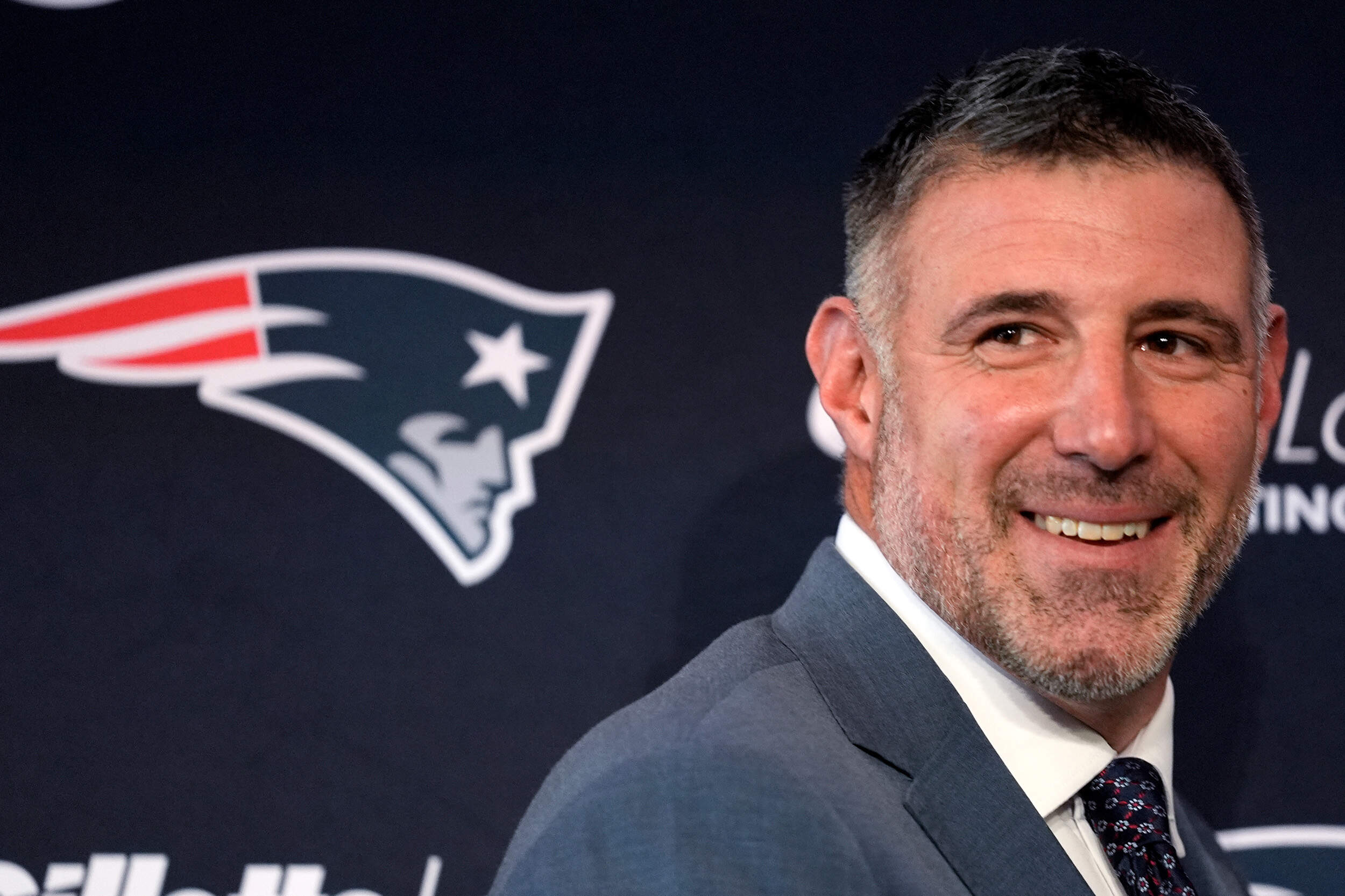 New England Patriots head coach Mike Vrabel smiles during his introductory press conference Monday, Jan. 13, 2025, in Foxborough, Mass. (Charles Krupa/AP)