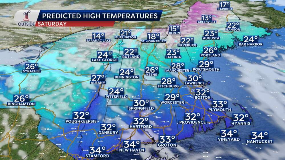 Predicted high temperatures for Saturday, January 4, 2025. (Courtesy Danielle Noyes/1°Outside)