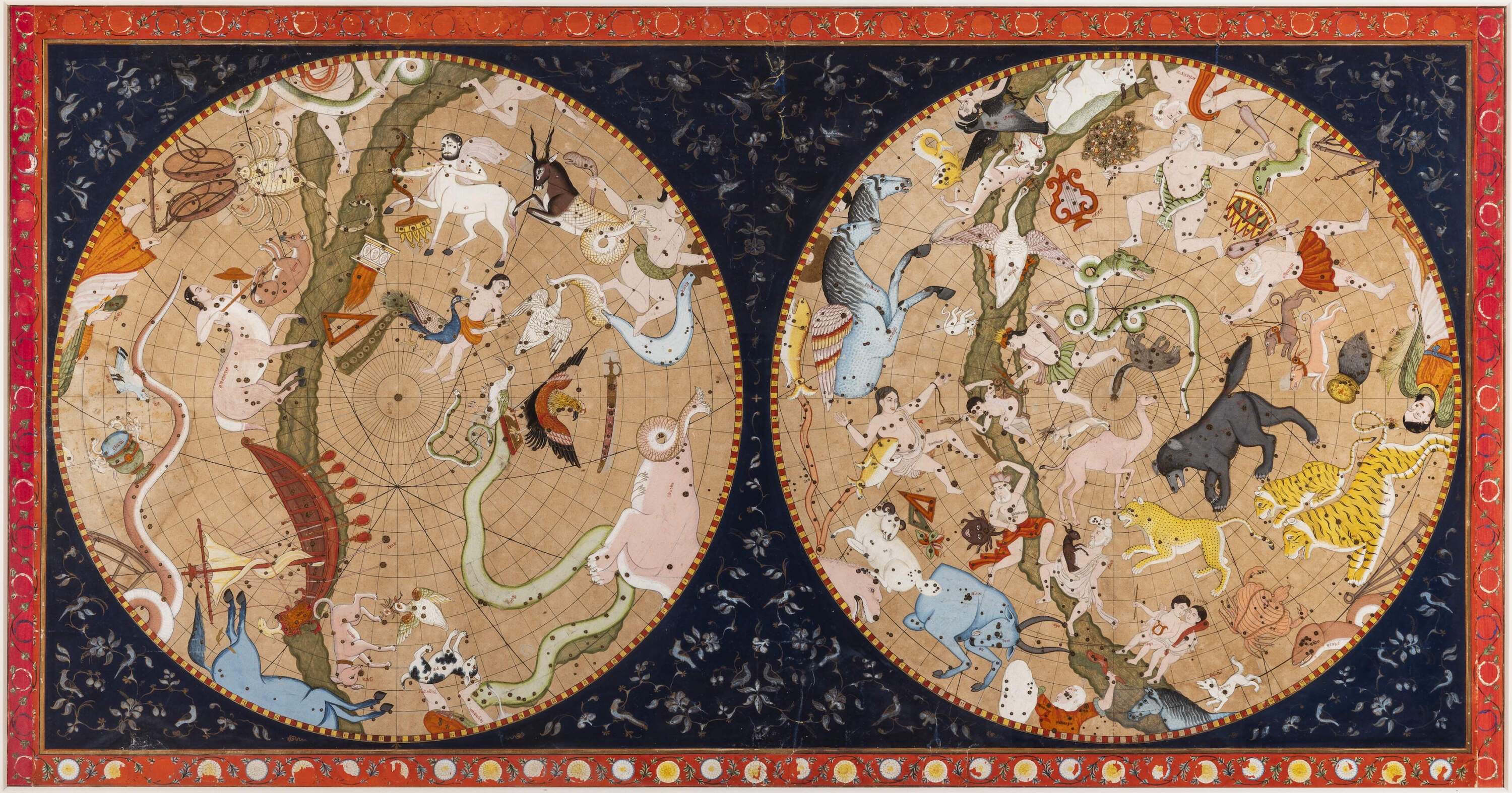 Star map depicting the northern and southern celestial hemispheres (with constellations inscribed in Devanagari). India, Jaipur, c. 1780. (Courtesy Pritzker Collection, Chicago; photo courtesy Michael Tropea)
