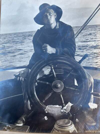 Tap, the author's father, at the helm in the Marion-Bermuda Race sometime in the 1940s. (Courtesy Gale Pryor)