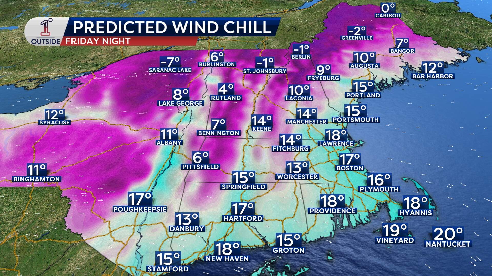 Predicted wind chill for the night of January 3, 2025. (Courtesy Danielle Noyes/1°Outside)