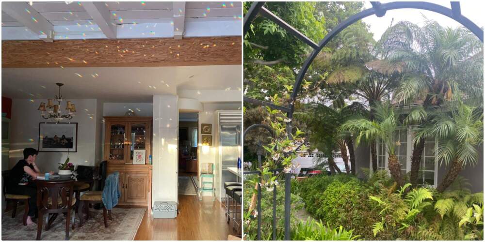 On the left, the author's son, Aidan, sits amid the "magic light" of Las Casas. On the right, the home's metal arch in the front yard. (Courtesy Andrea Meyer)