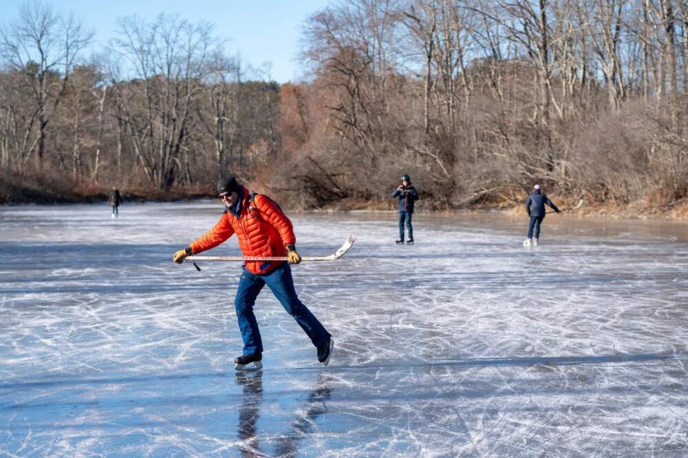 Skaters on the Royal River in Yarmouth on Friday, Jan. 10. (Brian Bechard/Maine Public)