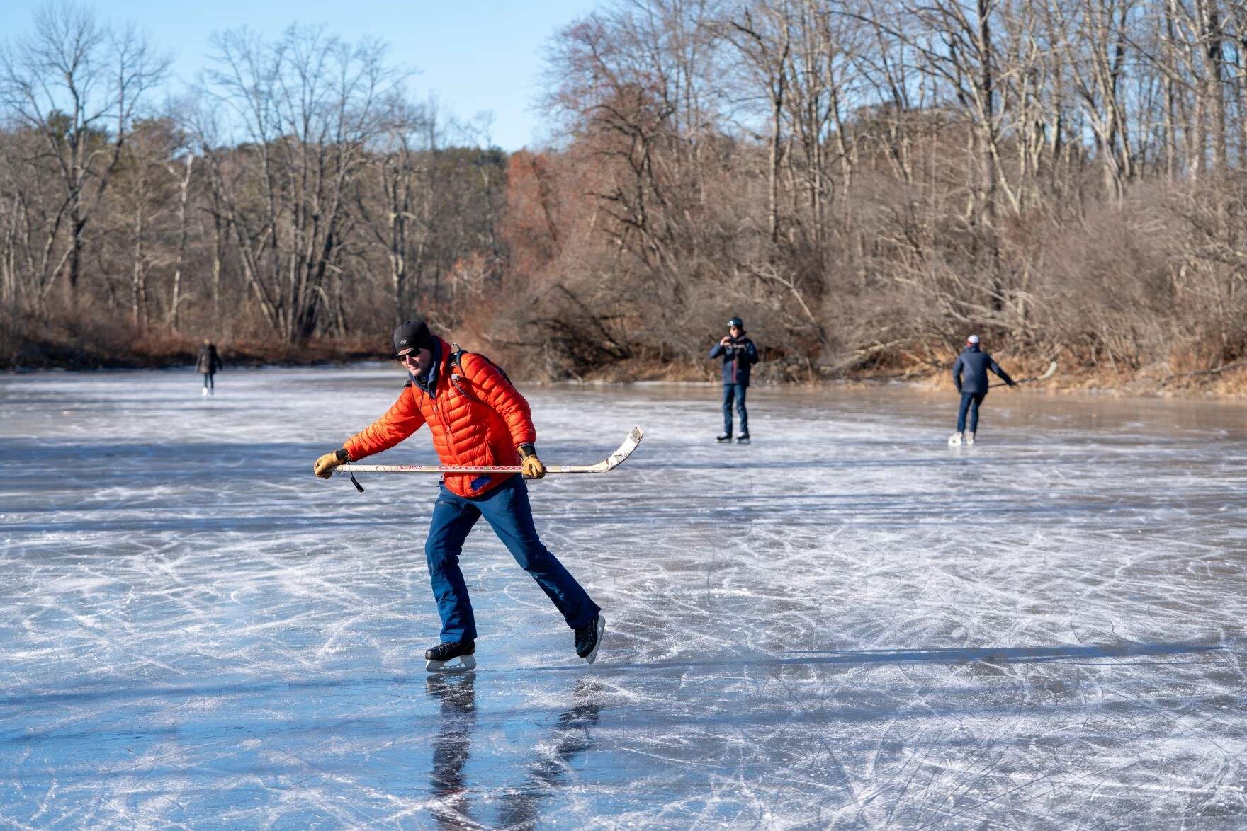 Skaters on the Royal River in Yarmouth on Friday, Jan. 10. (Brian Bechard/Maine Public)