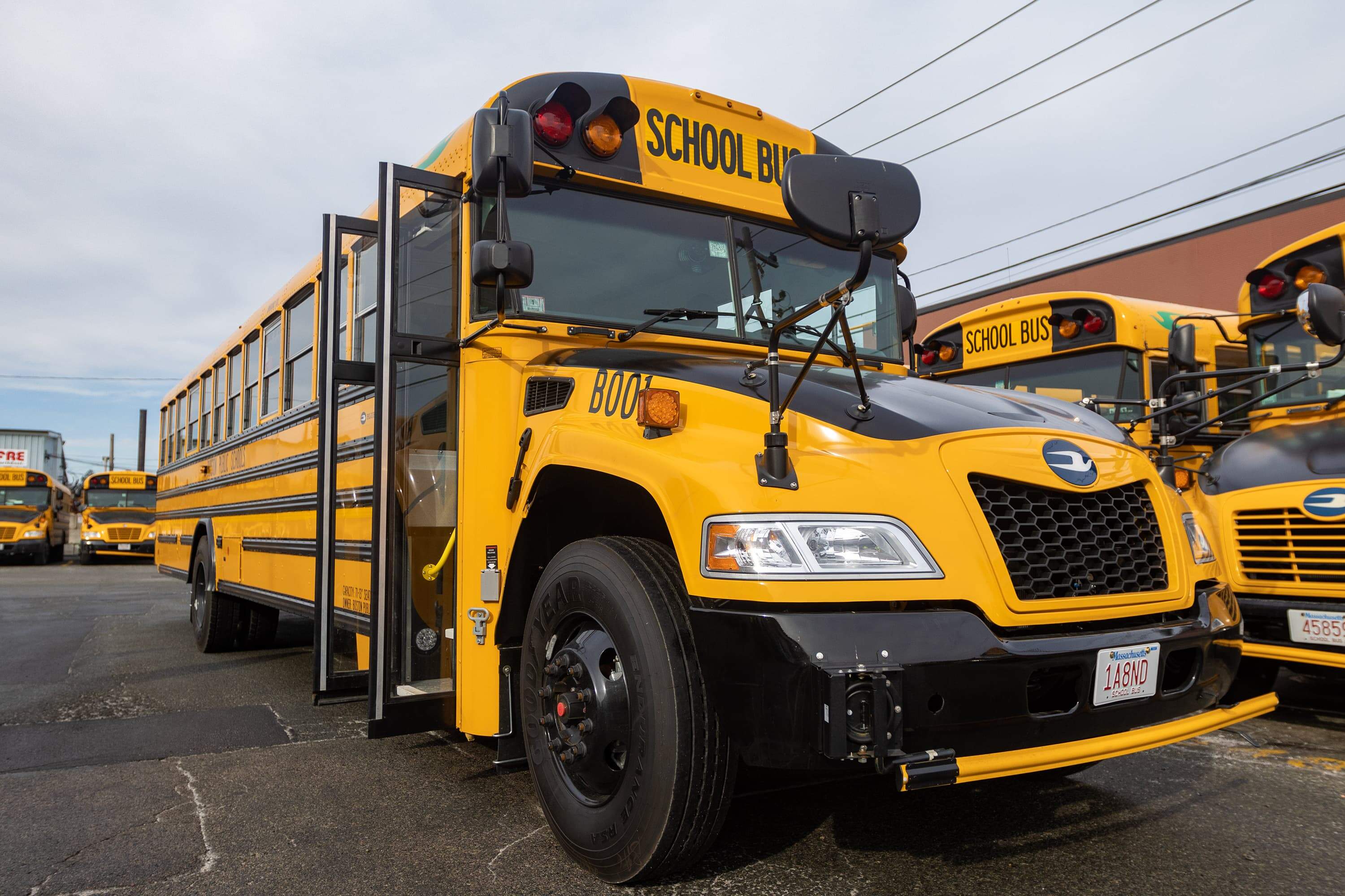 An electric school bus in Boston Public Schools' bus fleet. (Jesse Costa/WBUR)