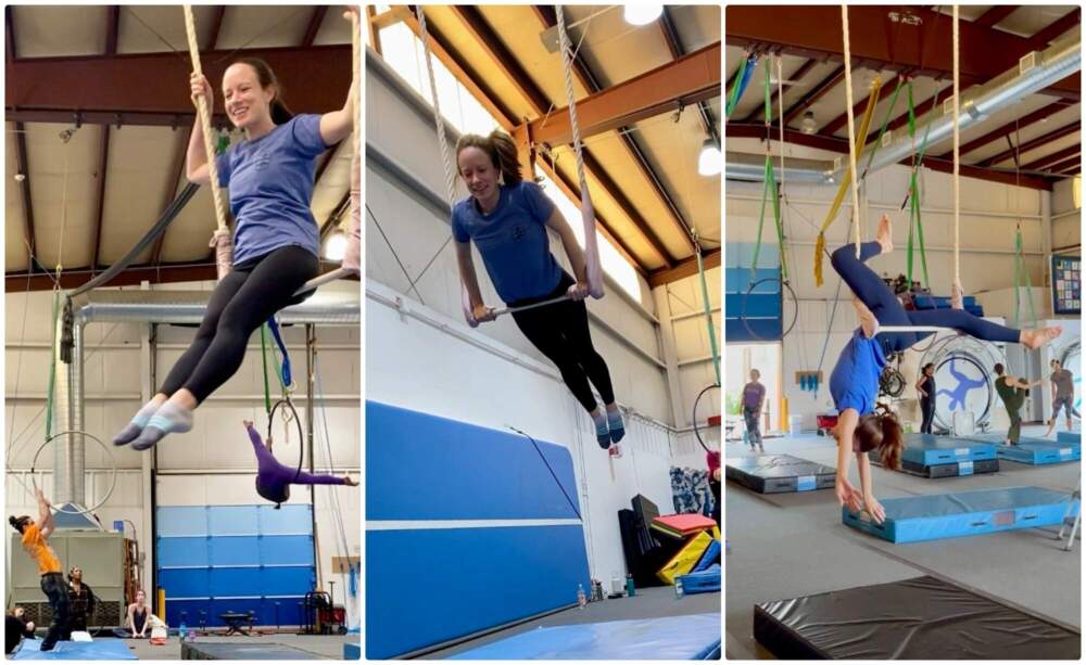The author, trying out a variety of moves at the circus center. (Courtesy Christina Ganim)
