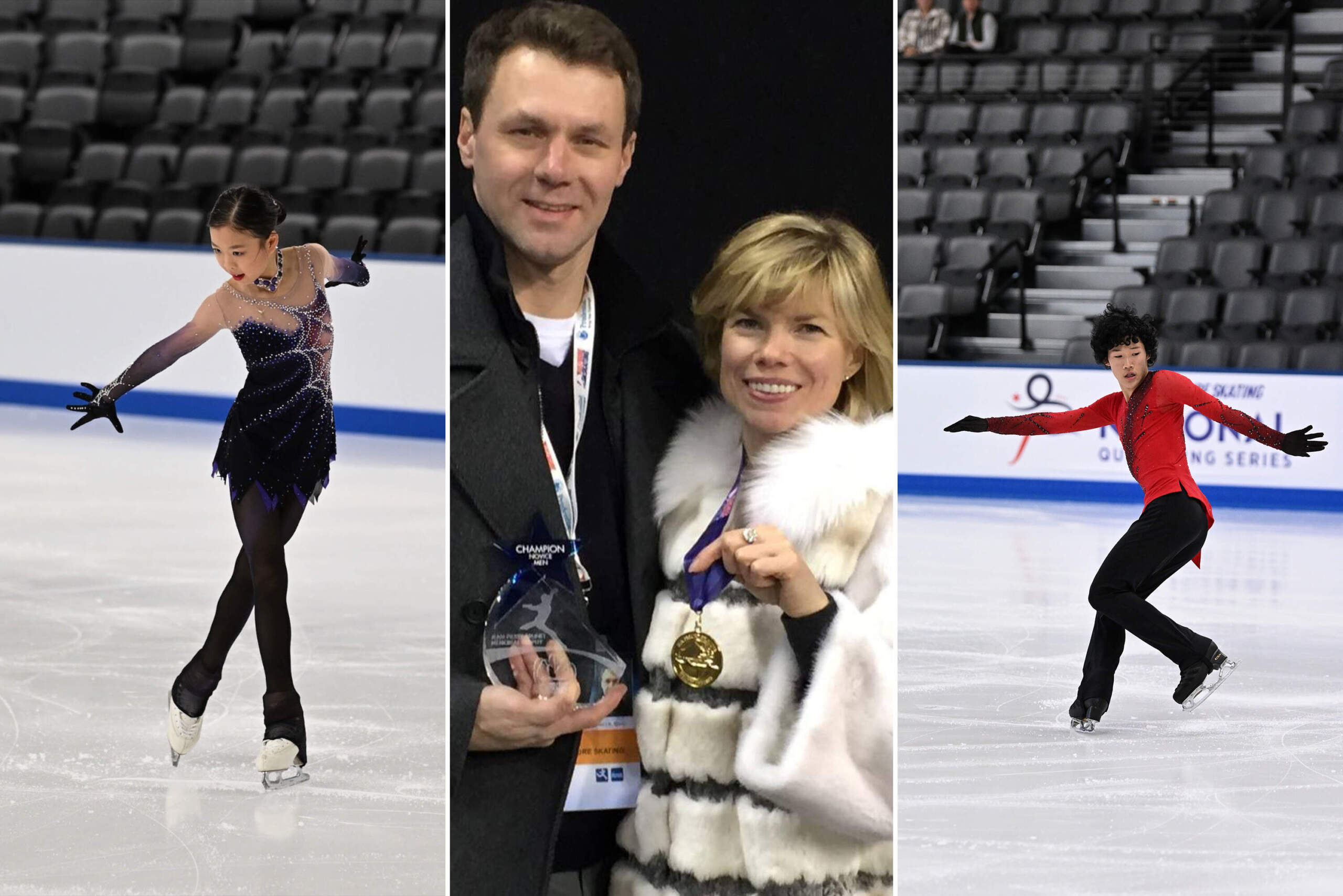 From left to right: Skater Jinna Han, coaches Vadim Naumov and Evgenia Shishkova, and skater Spencer Lane. (Courtesy of the Skating Club of Boston)