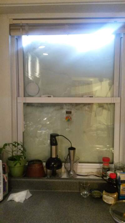 A garden apartment window in the Boston area covered by snow in 2015. (Courtesy Sarah Blodgett)