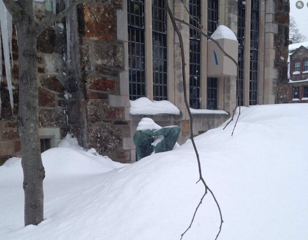 A sculpture buried in the snow at Lesley's Divinity School campus during the winter of 2015. (Courtesy Leigh Carlisle)
