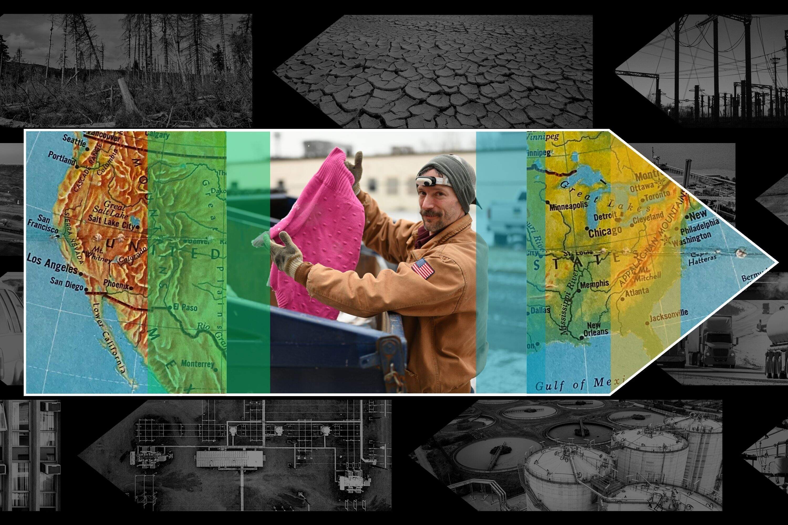 Dave Sheffield pulls a fabric garment out of a dumpster. (Chris Bentley/Here & Now)
