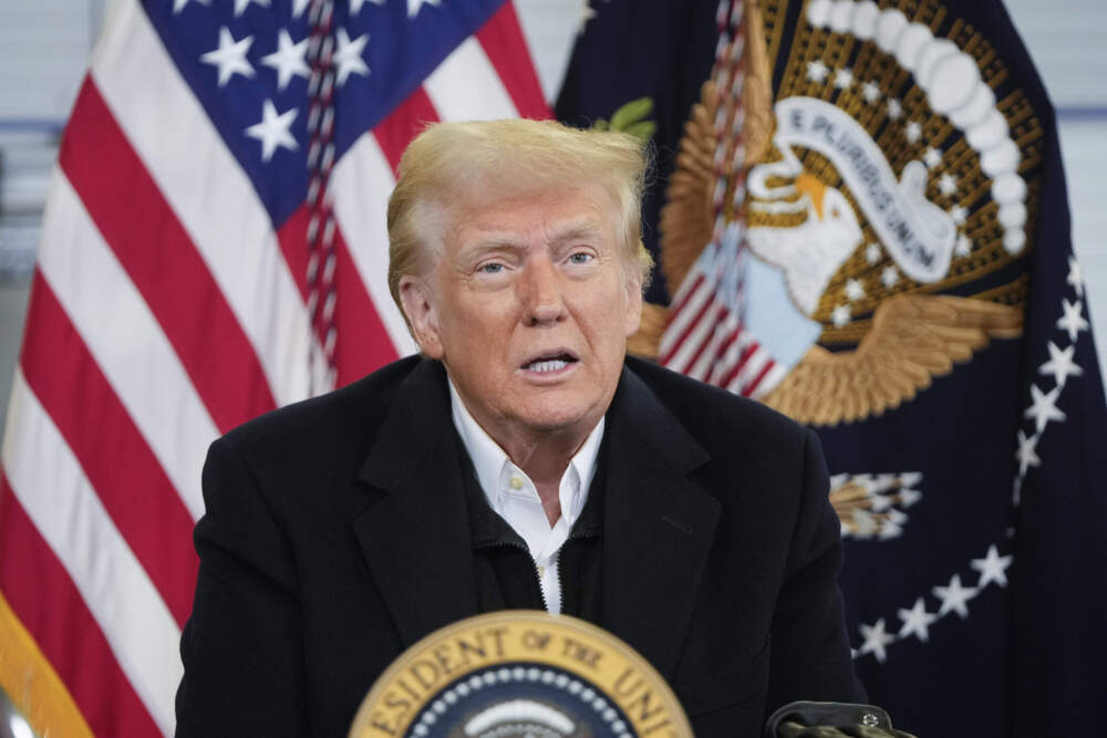 President Trump is briefed on the effects of Hurricane Helene at Asheville Regional Airport in Fletcher, N.C., on Jan. 24. (Mark Schiefelbein/AP)