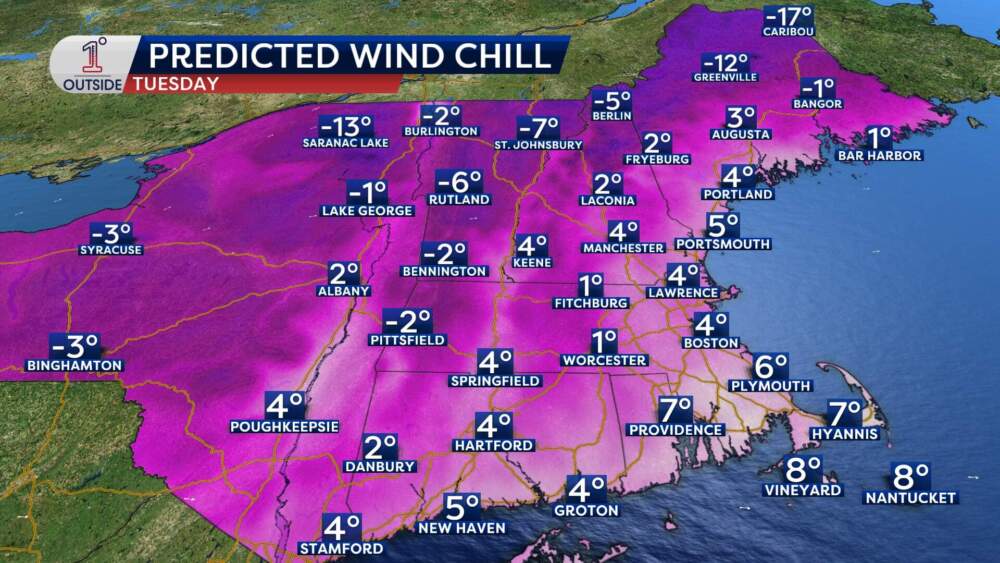 The predicted wind chill for Tuesday, Jan. 21. (Courtesy Danielle Noyes/1°Outside)