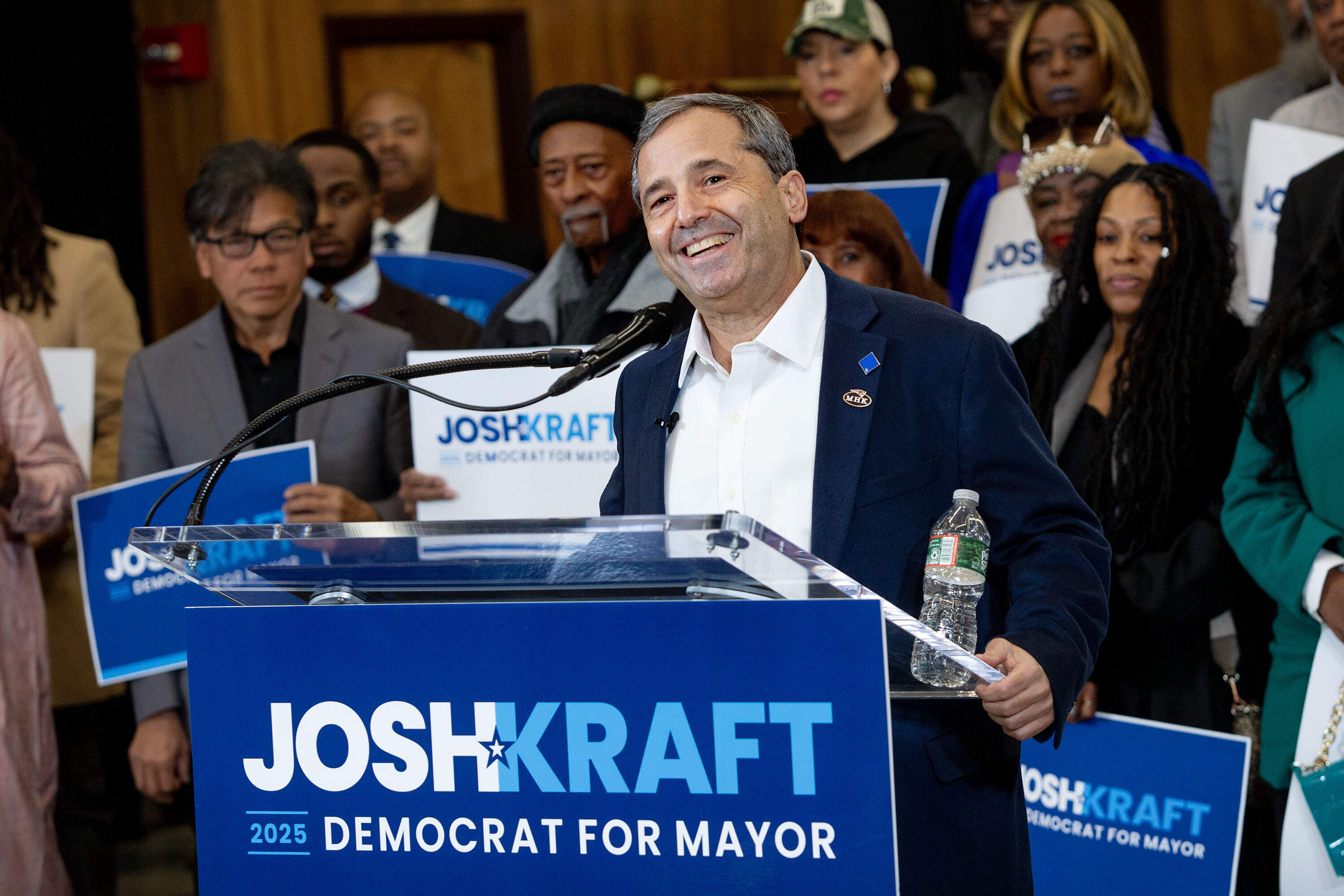 Josh Kraft, president of the New England Patriots Foundation, and son of Patriots owner Robert Kraft, announces that he is running for mayor of Boston. (Robin Lubbock/WBUR)