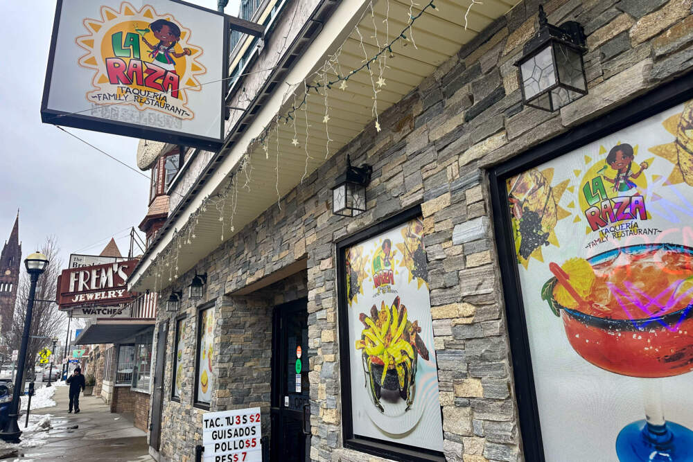 Business at Taquería La Raza in New Bedford is down roughly 75%, according to its owners. They've had to cut back on staff hours to cope. (Simón Rios/WBUR)