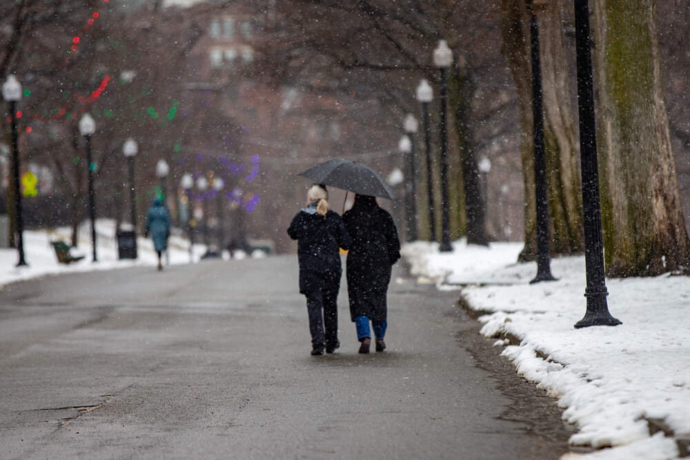 Two women walk beneath an umbrella through the Boston Common on wet and snowy day in February 2023. (Jesse Costa/WBUR)