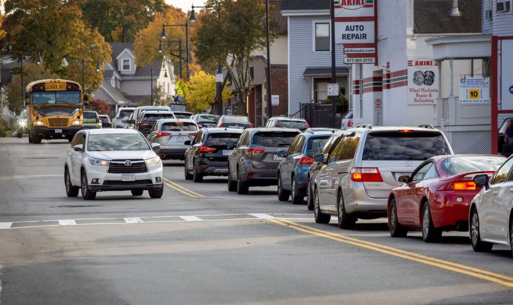 Traffic at a standstill in the late afternoon on Hyde Park Ave. near River Street in Boston in late 2024. (Robin Lubbock/WBUR)