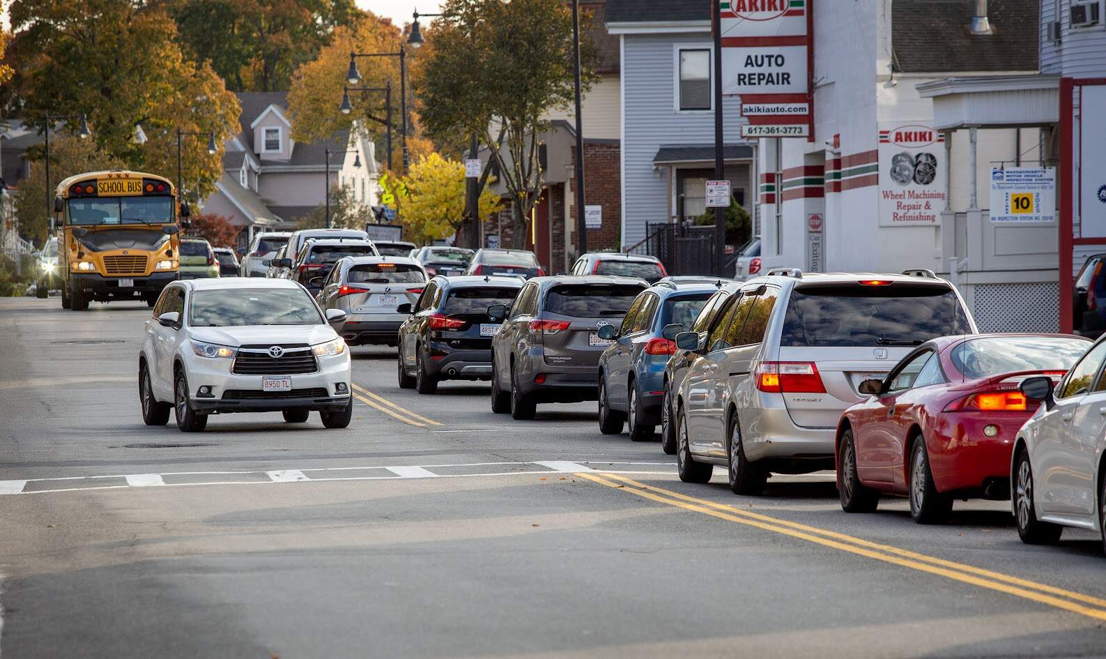 Traffic at a standstill in the late afternoon on Hyde Park Ave. near River Street in Boston in late 2024. (Robin Lubbock/WBUR)
