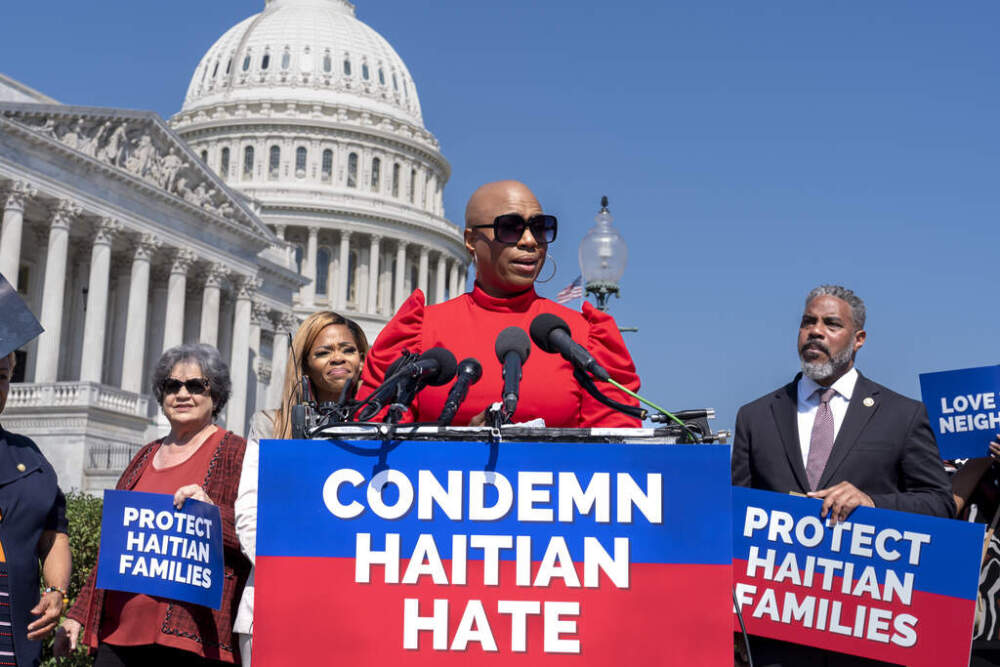 Rep. Ayanna Pressley. a co-chair of the Haitian Caucus, condemns hate speech and misinformation about Haitian immigrants on Sept. 20, 2024. (J. Scott Applewhite/AP)