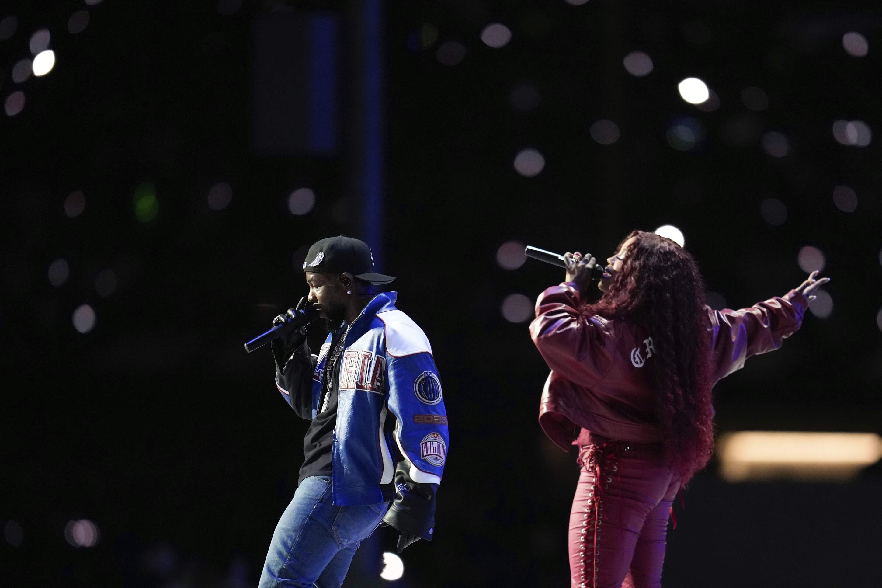 Kendrick Lamar and SZA perform during halftime of the NFL Super Bowl 59 football game between the Kansas City Chiefs and the Philadelphia Eagles, Sunday, Feb. 9, 2025, in New Orleans. (Abbie Parr/AP)