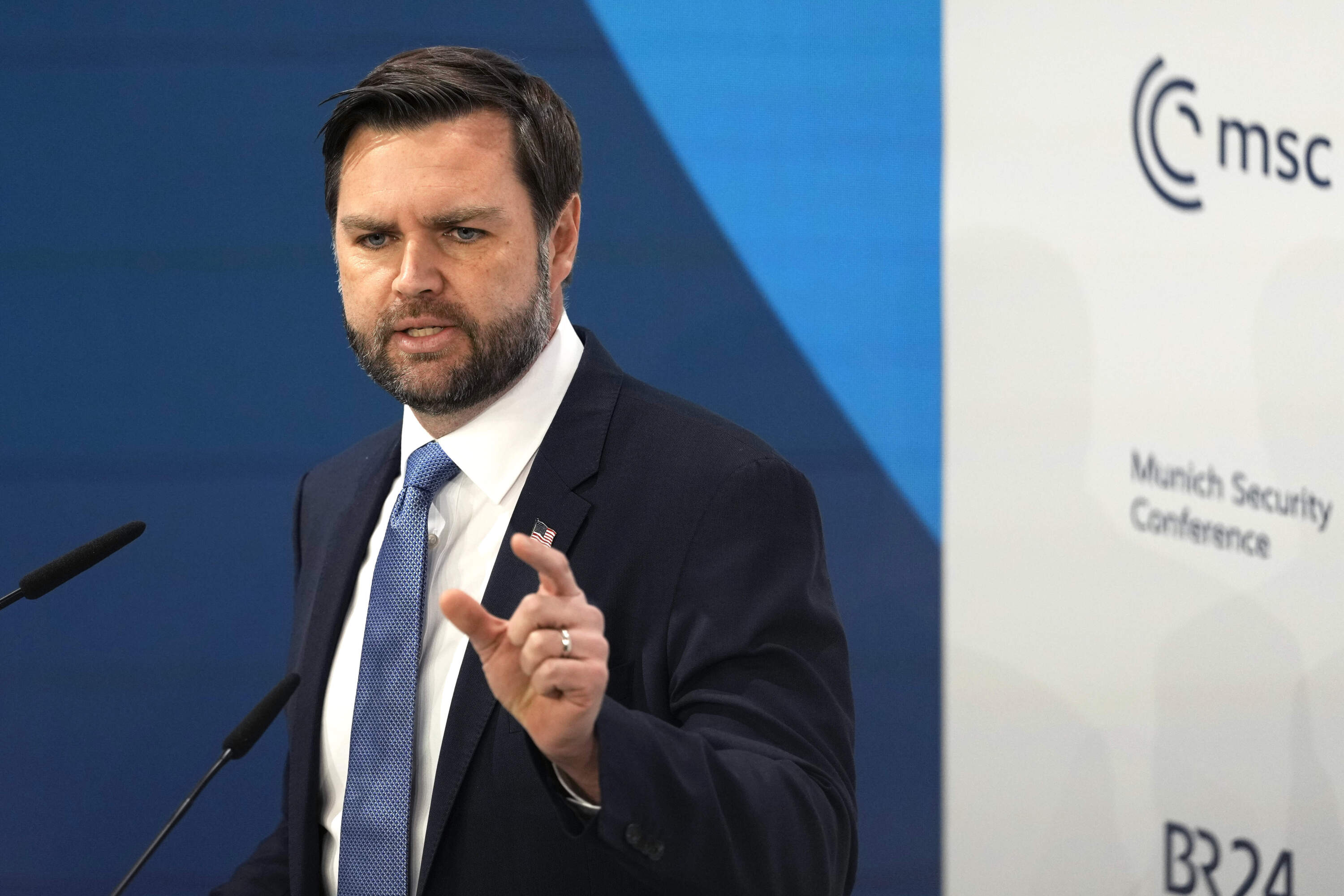Vice President JD Vance speaks at the Munich Security Conference in Munich, Germany, on Friday, Feb. 14, 2025. (Matthias Schrader/AP)