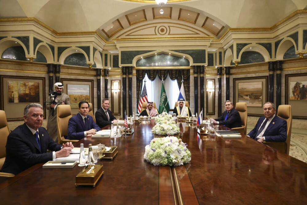 U.S. Secretary of State Marco Rubio meets with Saudi Foreign Minister Prince Faisal bin Farhan Al Saud, Saudi National Security Advisor Mosaad bin Mohammad Al-Aiban, U.S. National Security Advisor Mike Waltz, U.S. Middle East envoy Steve Witkoff, Russian Foreign Minister Sergei Lavrov, right, and Vladimir Putin's foreign policy advisor Yuri Ushakov, at Diriyah Palace, in Riyadh, Saudi Arabia on Feb. 18, 2025. (Evelyn Hockstein/Pool Photo via AP)