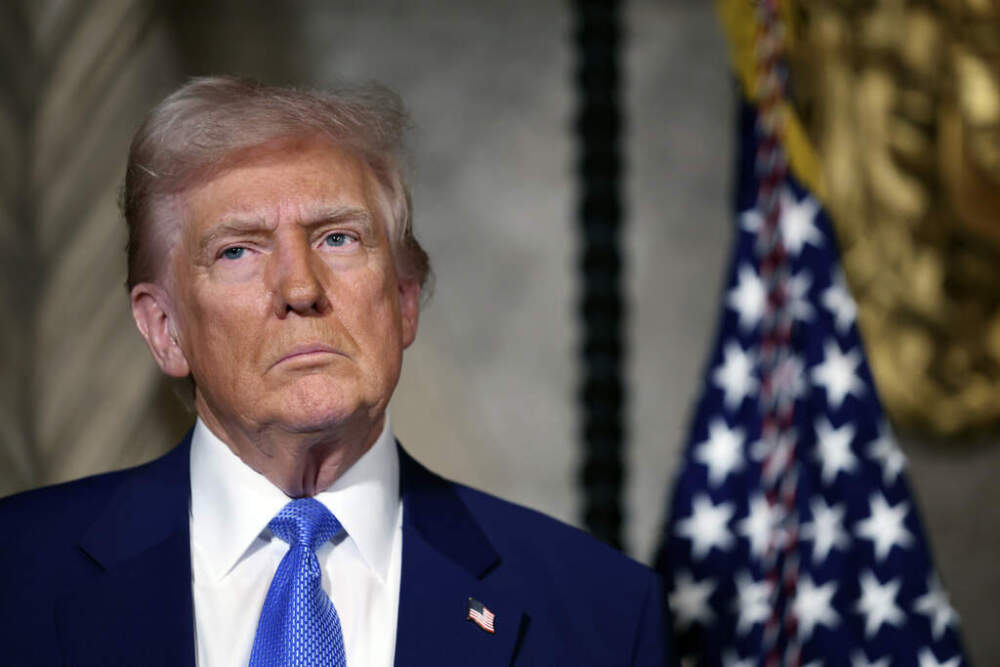 President Donald Trump speaks to the media on Feb. 18, 2025, in Palm Beach, Florida. (Pool photo via AP)