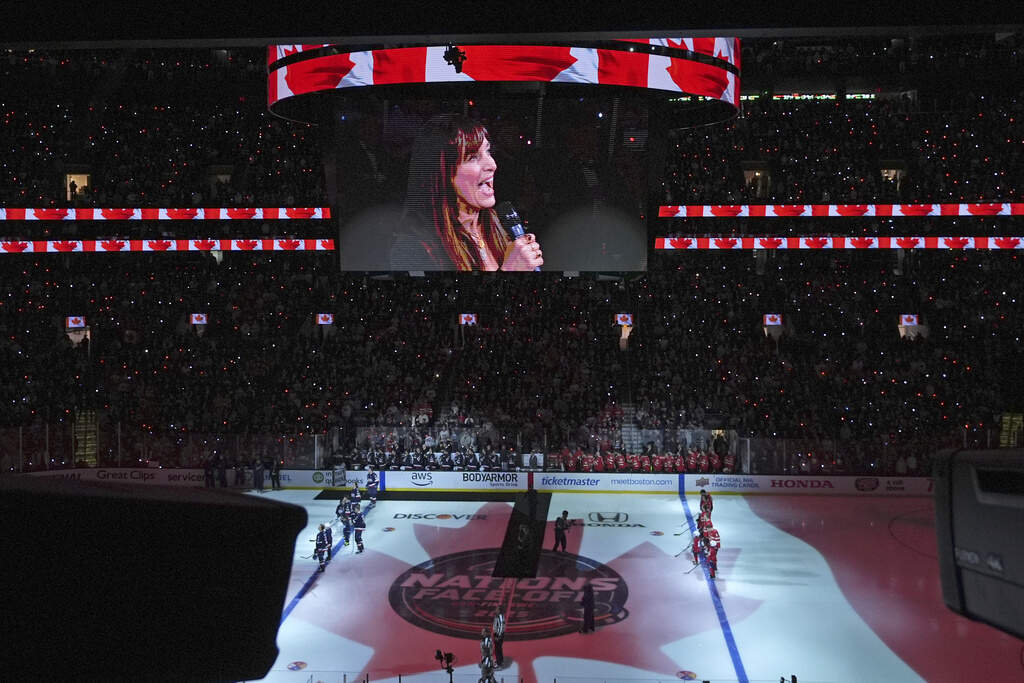 Singer Chantal Kreviazuk performs "O Canada" prior to the 4 Nations Face-Off championship hockey game, Thursday, Feb. 20, in Boston. (Charles Krupa/AP)