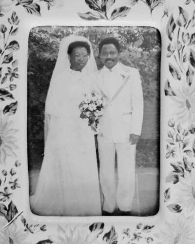 A framed photo of the author's parents on their wedding day in 1979. (Courtesy Theresa Okokon)