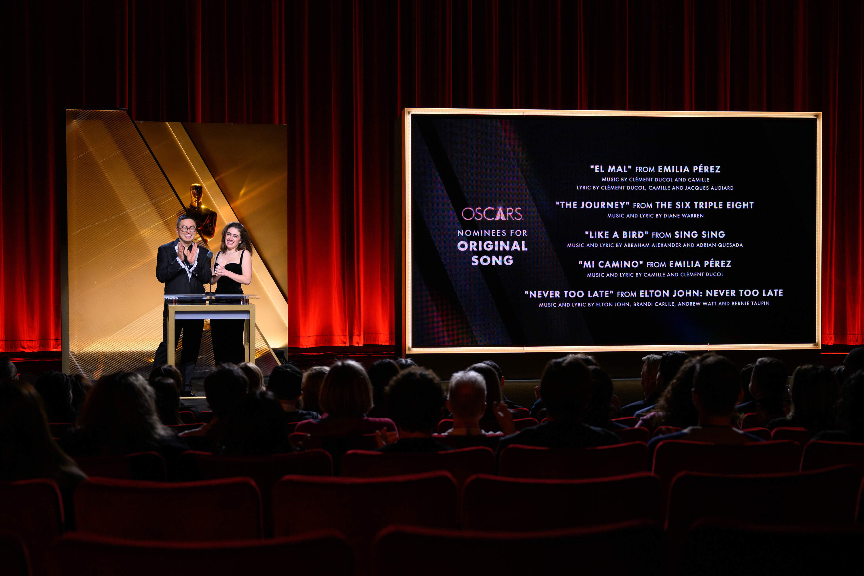 Bowen Yang and Rachel Sennott present the nominees for Original Song onstage during the 97th Oscars Nominations Announcement at Samuel Goldwyn Theater on January 23, 2025. (Richard Harbaugh/The Academy via Getty Images)