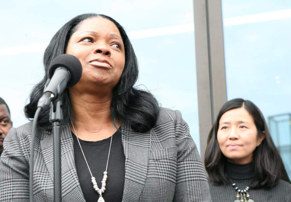 Rev. Arlene Hall of the Deliverance Temple Worship Center speaks at the clergy meeting with Mayor Michelle Wu. (Seth Daniel/ Dorchester Reporter)