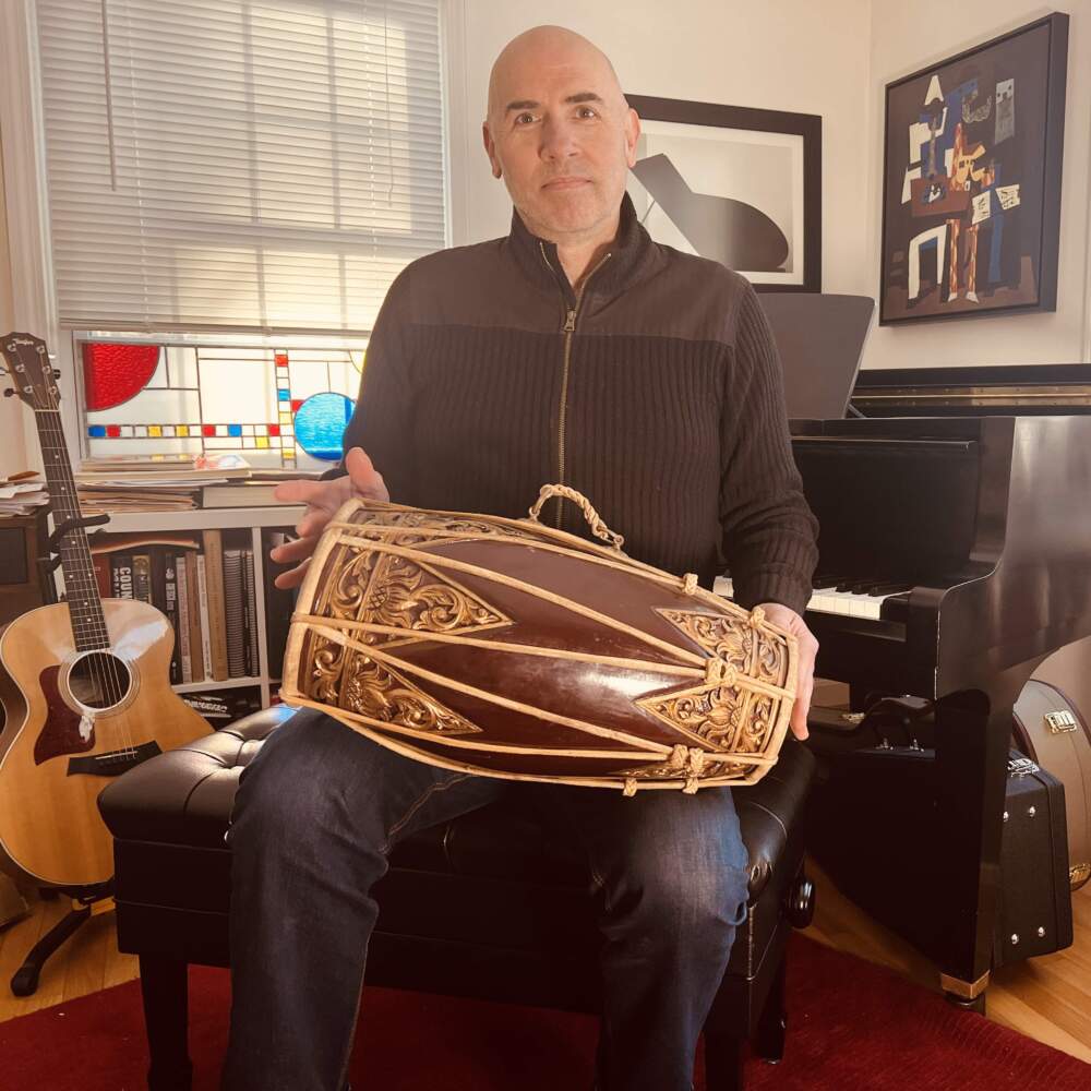 Eric Shimelonis plays the kendang: a membranophone (an instrument that produces sound by the vibration of a stretched skin) from Maritime Southeast Asia. (image courtesy of Rebecca Sheir)