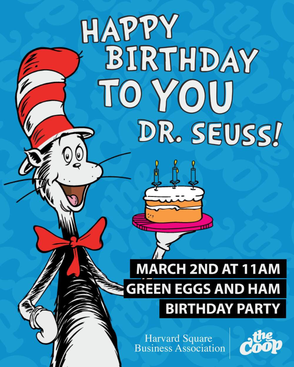 The Harvard Square Business Association will celebrate Dr. Seuss’ 121st birthday on Sunday, March 2. (Courtesy Harvard Square Business Association)