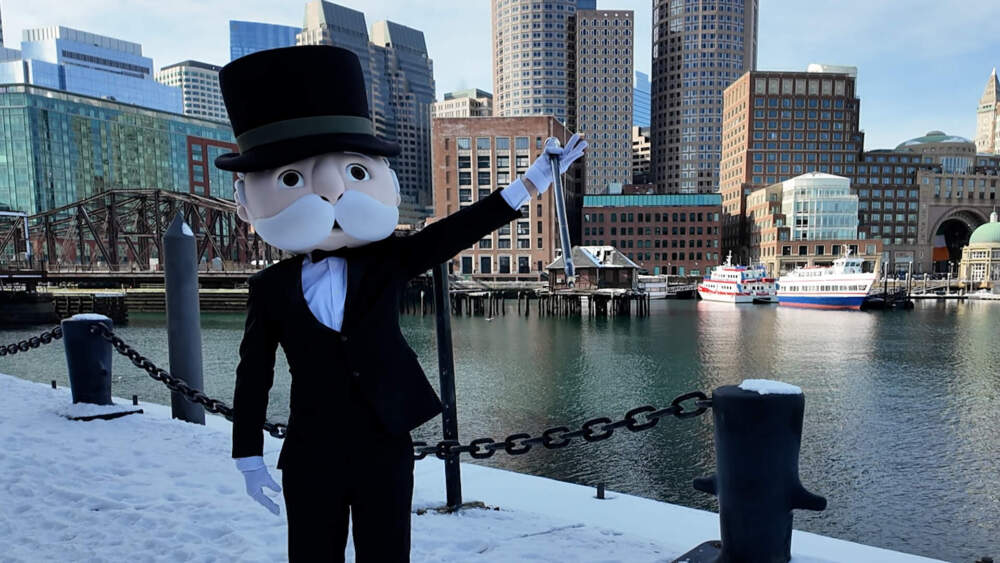 The Mr. Monopoly mascot in the Seaport. (Photo courtesy of Hasbro)