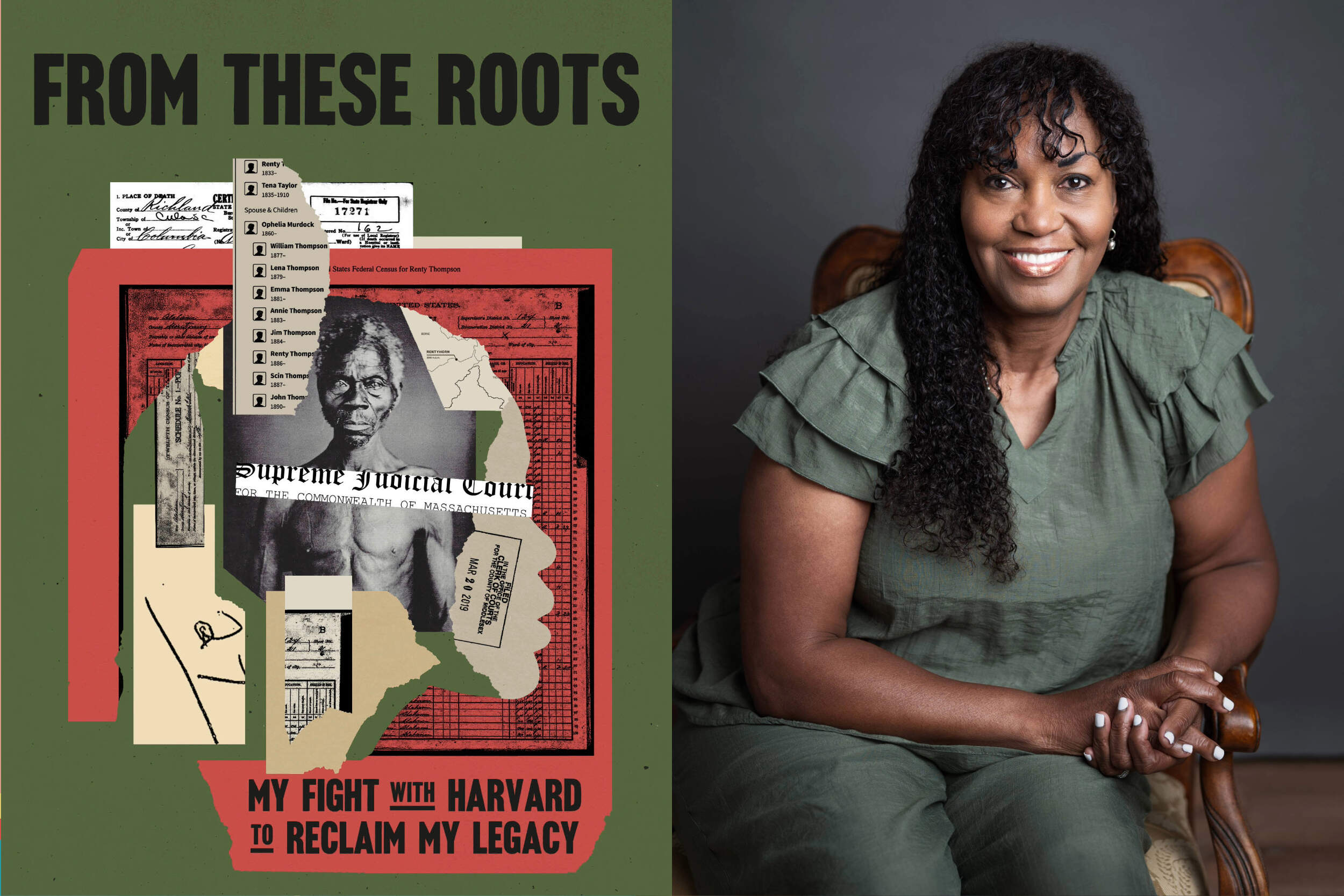 The cover of "From These Roots" beside author Tamara Lanier. (Courtesy of Sabrina Olenik Portraits)