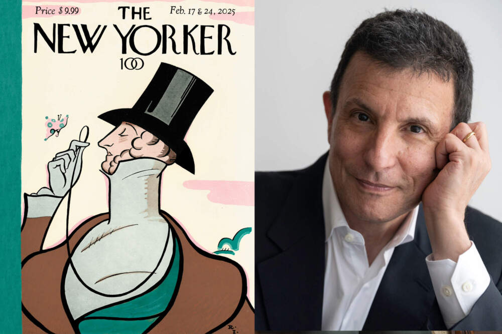 The New Yorker's centennial cover beside editor David Remnick. (Courtesy of The New Yorker/Rea Irvin, Brigitte Lacombe)