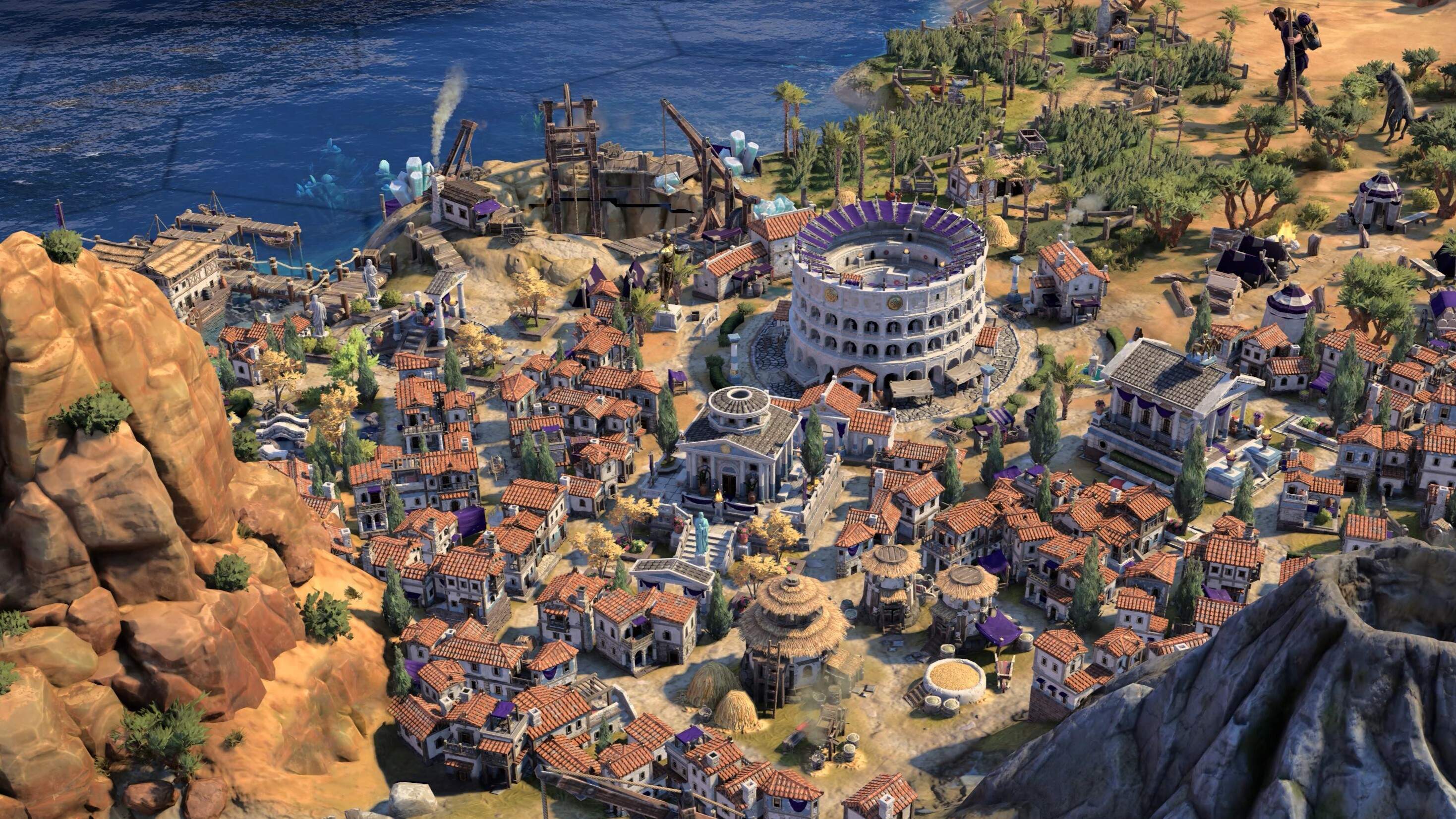 A bustling settlement in "Civilization 7," boasting the Coliseum, one of the game's many architectural Wonders. (Courtesy of Firaxis)