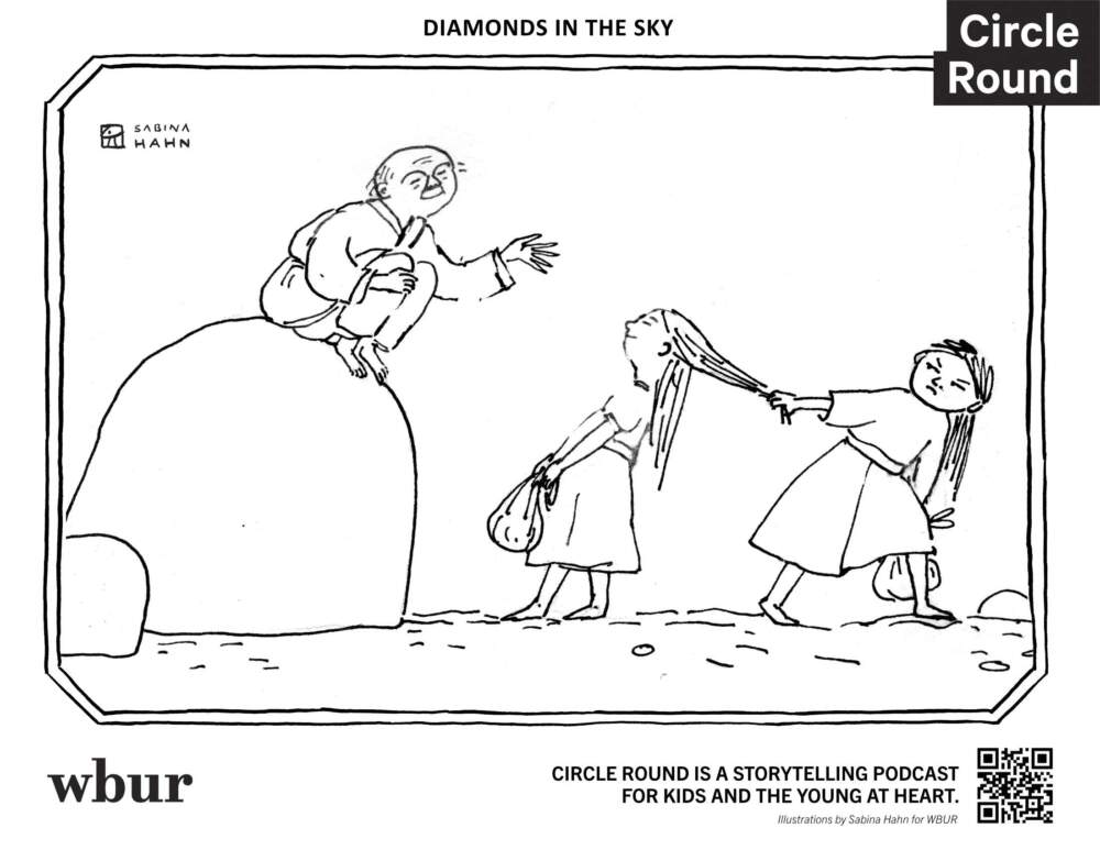 An elderly man speaks with two girls. (Sabina Hahn for WBUR)