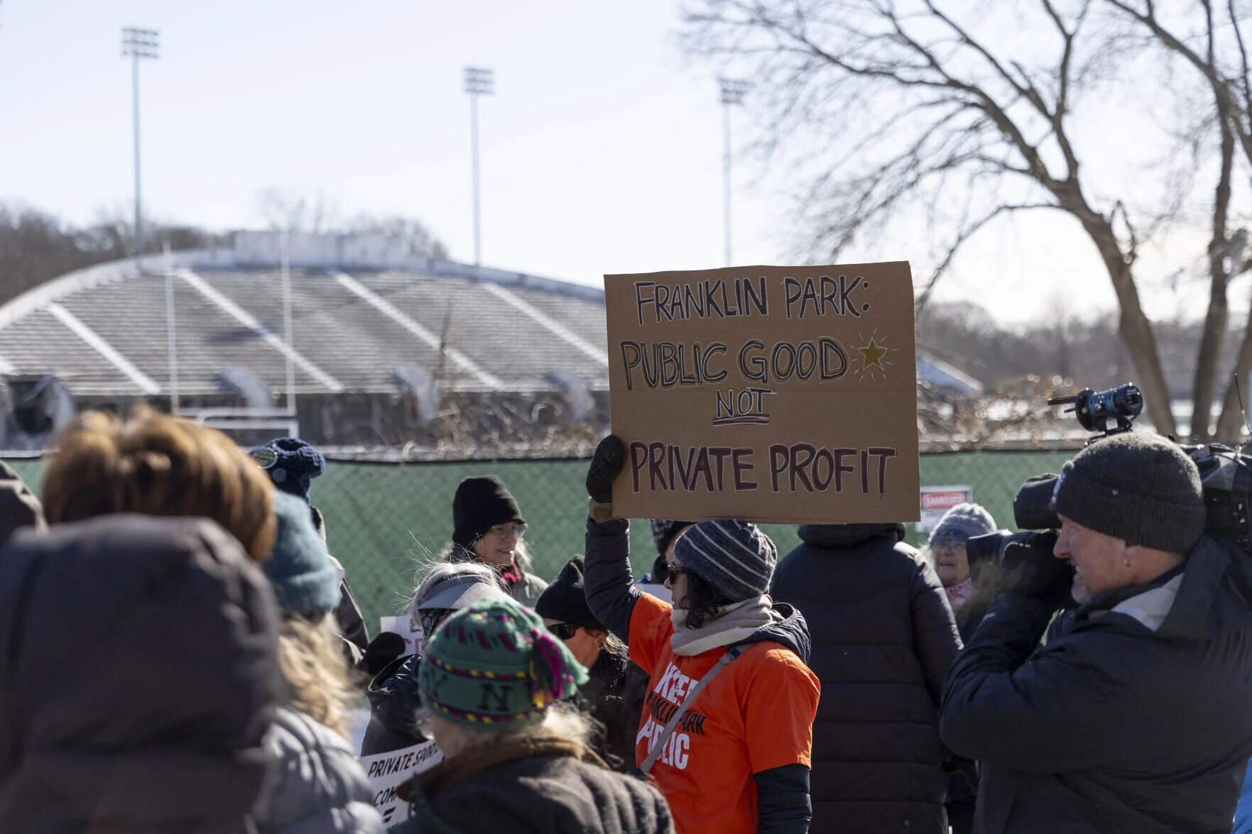 Opponents of a White Stadium renovation project rally outside the Franklin Park facility on Feb. 19. (Chris Lisinski/SHNS)