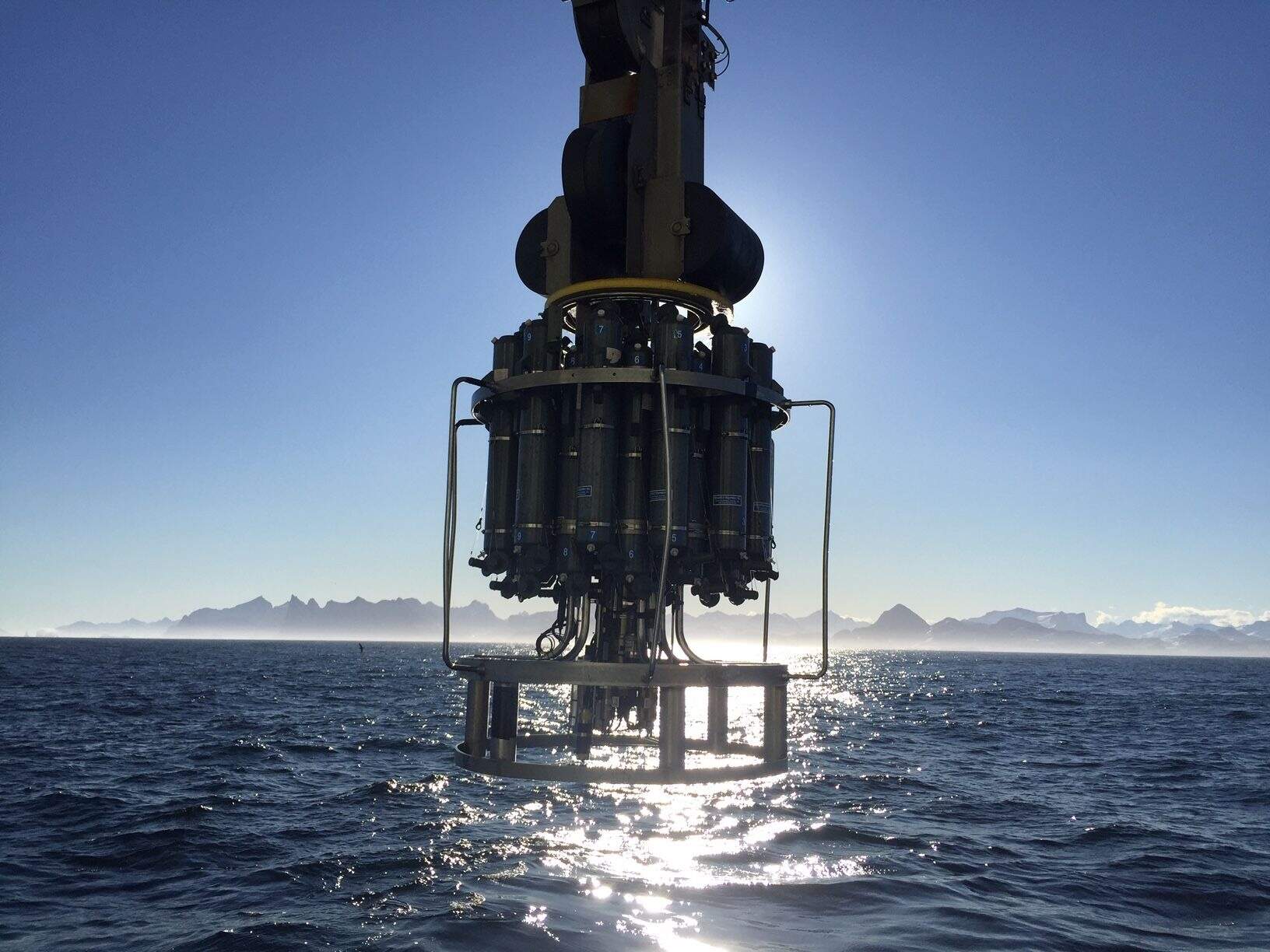 A recording device collects data such as temperature, depth and conductivity from the ocean. (Photo courtesy Woods Hole Oceanographic Institution)