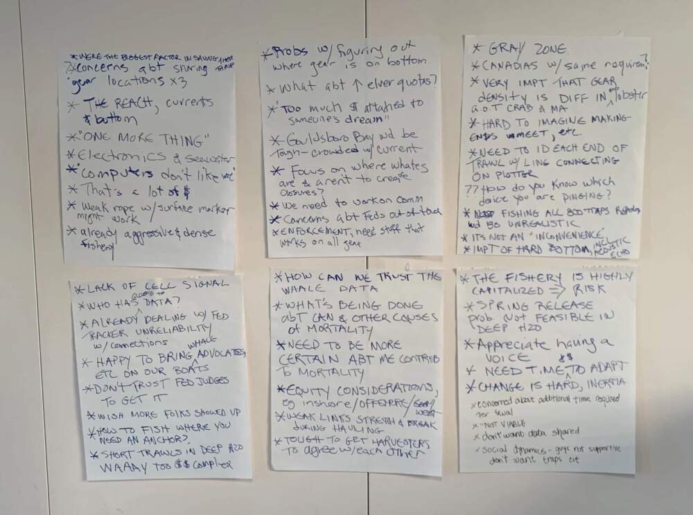 Inside a meeting room at the Community of Christ church in Jonesport, fishermen and other attendees talk about their concerns with alternative fishing gear. These are some of the questions and concerns they articulated. (Nicole Ogrysko/Maine Public)