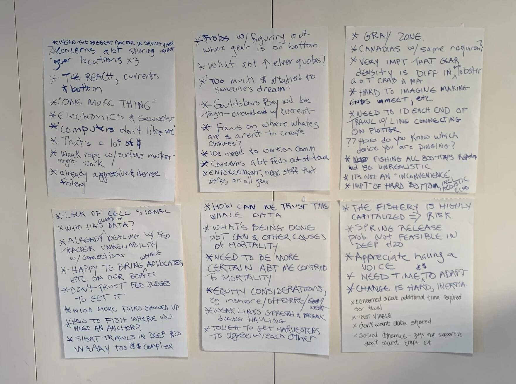 Inside a meeting room at the Community of Christ church in Jonesport, fishermen and other attendees talk about their concerns with alternative fishing gear. These are some of the questions and concerns they articulated. (Nicole Ogrysko/Maine Public)