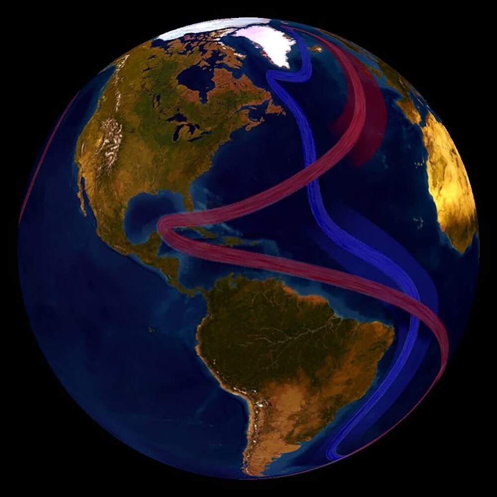 The Atlantic Meridional Overturning Circulation is often referred to as a global conveyor belt, distributing warm and cool water around the globe. (NOAA illustration)