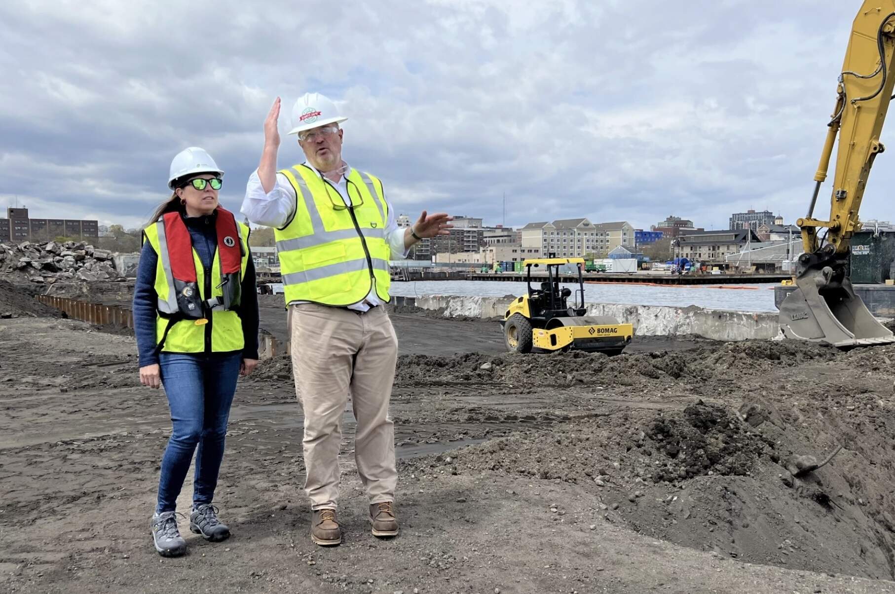 Alicia Barton, CEO of Vineyard Offshore, visited the Foss Marine Terminal in New Bedford with Andrew Saunders, president of the terminal, on April 29, 2024. Vineyard Offshore planned to base operations and maintenance at the terminal for Vineyard Wind 2. (Jenette Barnes/CAI)