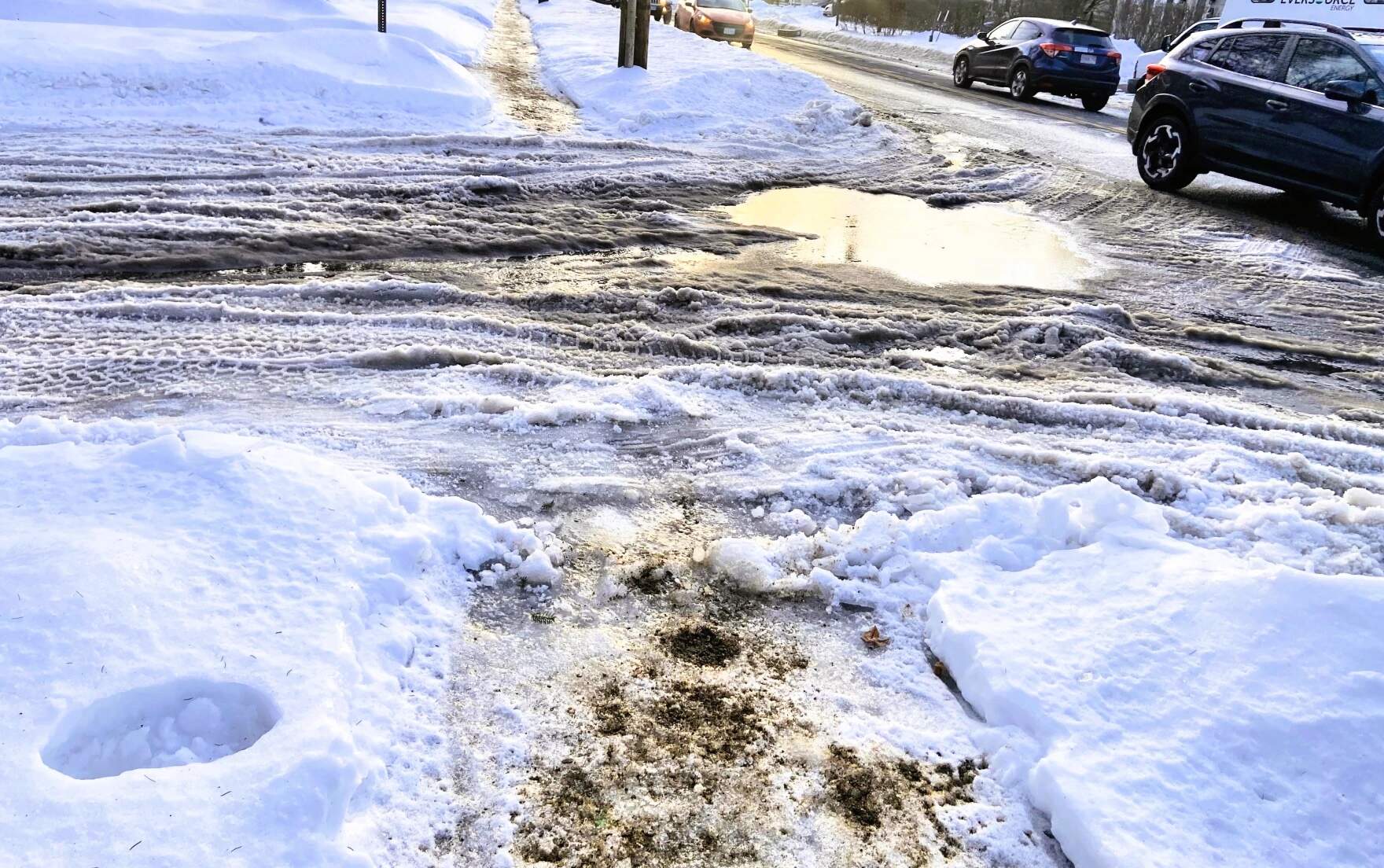 A side street off South Street (Route 10) in Northampton, Massachusetts, February 19, 2025, several days after a recent winter storm. (Karen Brown/NEPM)