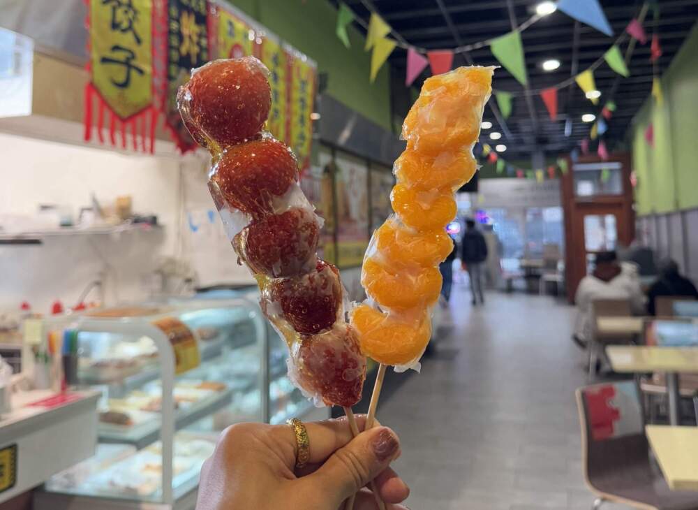 Tanghulu strawberry and tangerine skewers from Kwa Food. (Photo by Vivian Dang)
