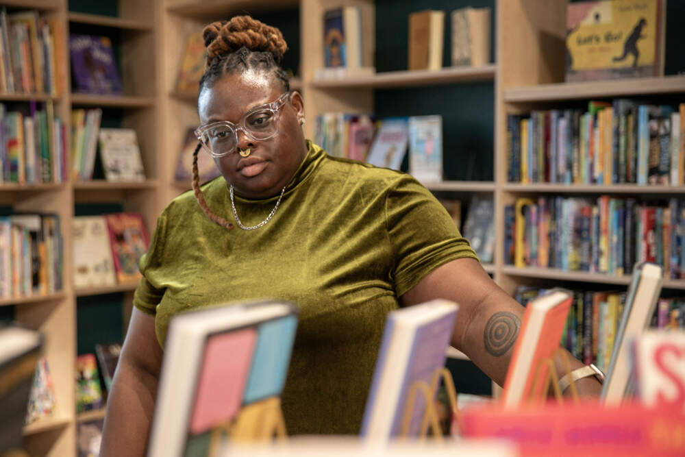 Writer, performer, educator and Boston Poet Laureate Porsha Olayiwola is one of the founders of JustBook-ish, a bookstore and creative gathering space in Fields Corner. (Robin Lubbock/WBUR)